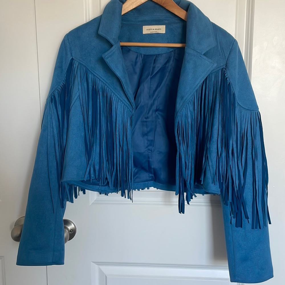 Cropped Blue Suede Fringe Jacket - Women’s Size S